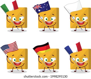 Yellow dice cartoon character bring the flags of various countries. Vector illustration