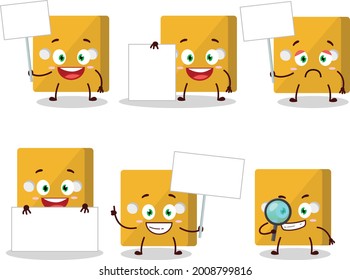 Yellow dice cartoon character bring information board. Vector illustration