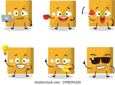 Gelbe Würfel Cartoon Charakter mit verschiedenen Arten von Business-Emoticons. Vektorgrafik