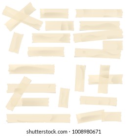 Yellow different size adhesive, sticky, masking, duct tape, paper pieces for text on white background