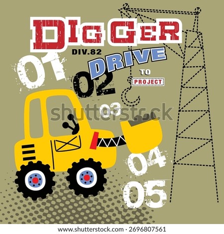 Yellow digger construction vehicle working on project illustration