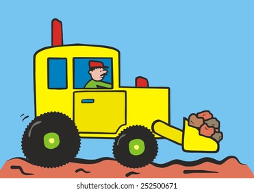 yellow digger with driwer, handling of loads, vector illustration