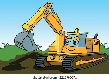 Yellow Digger with Smile and Cast Shadow - Colored Cartoon Illustration with Background, Vector