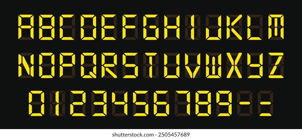 Yellow Digital Display Font with Alarm Clock Letters, Electronic Alphabet, Retro Calculator Symbols, LCD Monitor Characters, and Scoreboard Digits. Vector EPS 10