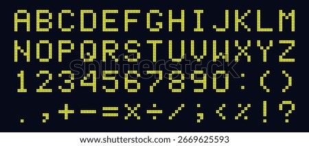 Yellow Digital Dotted Font Letters, Electronic Alphabet, retro text symbols, monitor characters, and scoreboard digits. Vector EPS 10