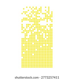 Yellow digital grid pattern disintegrating into abstract data blocks, representing concepts of technology, disruption, loss, and fragmentation on a white background