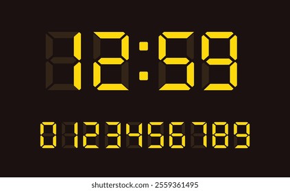 Yellow digital led numbers. Electronic or digital clock counter with led figures. Vector EPS 10