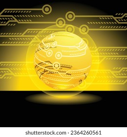 Bolas de tecnología de iluminación digital amarilla sobre fondo negro, ilustración. vector.
