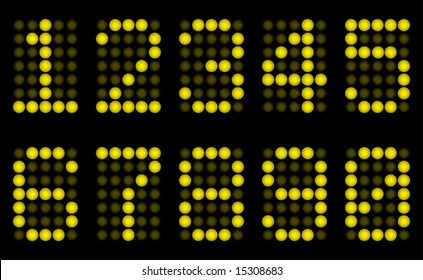 Yellow digits for matrix display. Vector illustration. On black background.
