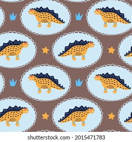 Yellow dino in a blue frame on a brown background. Crown and star. For printing on fabric and boomeg. To decorate the nursery.