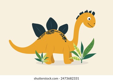 Dinosaurio amarillo en estilo infantil sobre fondo aislado beige. Vector animal alegre en el estilo plano de los niños. Para decoración de cumpleaños de niños, carteles, estampados.