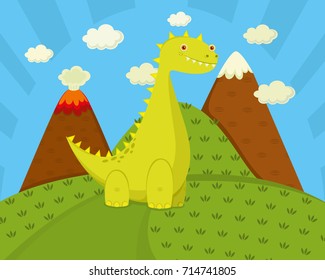 Yellow dinosaur on the background of mountains and grass postcard vector