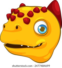 Yellow dinosaur with red spikes and blue eyes