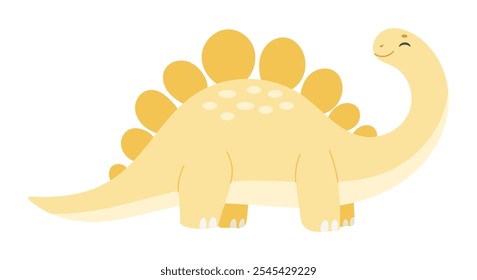 Un dinosaurio amarillo con una sonrisa en la cara. Tiene un cuello largo y una cola larga