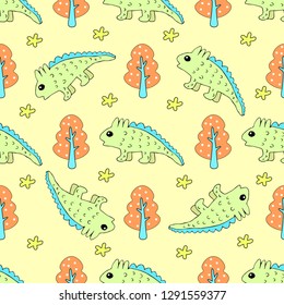 Yellow dinosaurs on light background. Pattern for textile, fabric, Wallpaper, background, wrapping paper.