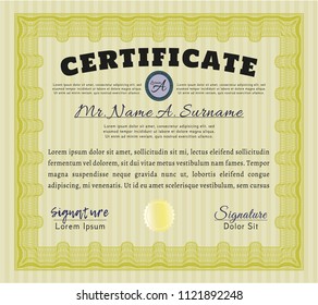 Yellow Diploma or certificate template. With background. Detailed. Good design. 