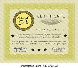 Yellow Diploma or certificate template. With background. Detailed. Money style design. 