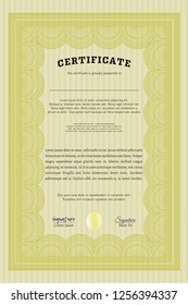 Yellow Diploma or certificate template. With background. Vector illustration. Money style design. 