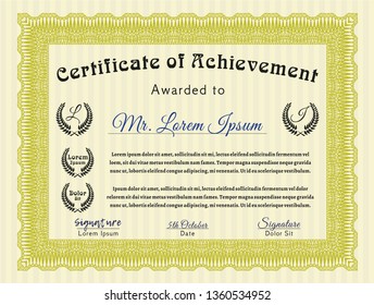 Yellow Diploma or certificate template. With background. Detailed. Excellent design. 