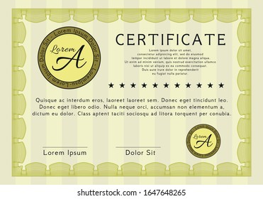 Yellow Diploma or certificate template. With background. Superior design. Detailed. 
