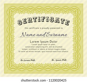Yellow Diploma or certificate template. With complex linear background. Cordial design. Vector illustration. 
