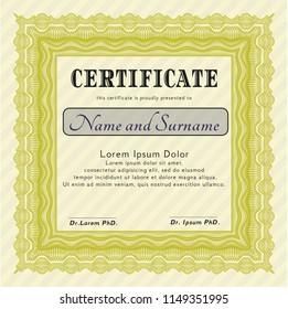 Yellow Diploma or certificate template. With complex background. Detailed. Artistry design. 