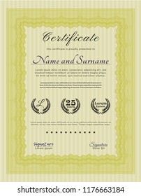 Yellow Diploma or certificate template. With complex linear background. Perfect design. Vector illustration. 