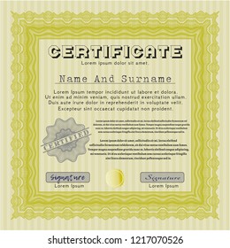 Yellow Diploma or certificate template. Complex background. Vector illustration. Money design. 