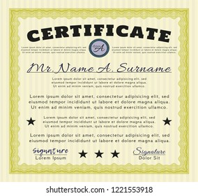 Yellow Diploma or certificate template. With complex linear background. Vector illustration. Beauty design. 