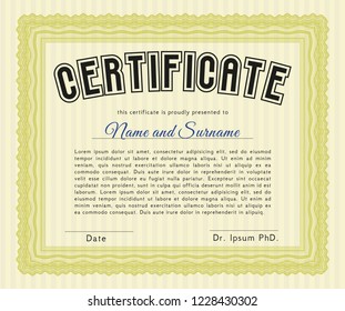 Yellow Diploma or certificate template. With complex linear background. Detailed. Money design. 