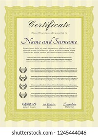 Yellow Diploma or certificate template. Complex background. Perfect design. Vector illustration. 