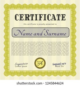 Yellow Diploma or certificate template. With complex linear background. Elegant design. Vector illustration. 