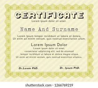 Yellow Diploma or certificate template. Complex background. Money design. Vector illustration. 