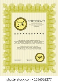 Yellow Diploma or certificate template. With complex linear background. Money Pattern design. Detailed. 