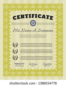Yellow Diploma or certificate template. With complex background. Detailed. Good design. 