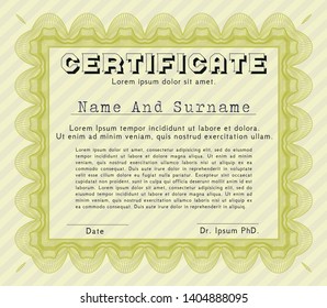 Yellow Diploma or certificate template. With complex background. Vector illustration. Sophisticated design. 