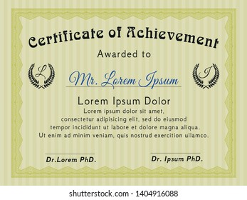 Yellow Diploma or certificate template. With complex linear background. Money design. Vector illustration. 