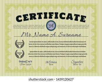 Yellow Diploma or certificate template. Complex background. Cordial design. Vector illustration. 