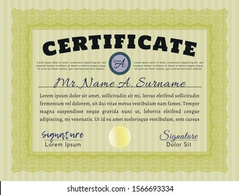 Yellow Diploma or certificate template. With complex linear background. Sophisticated design. Vector illustration. 