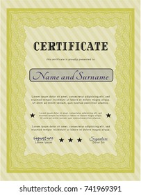 Yellow Diploma or certificate template. With complex background. Detailed. Money style design. 