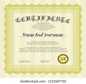 Yellow Diploma or certificate template. Cordial design. Vector illustration. With guilloche pattern. 