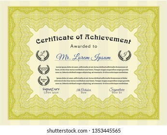 Yellow Diploma or certificate template. Cordial design. With quality background. Vector illustration. 