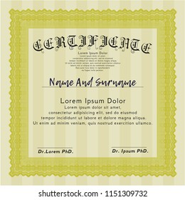 Yellow Diploma or certificate template. Customizable, Easy to edit and change colors. Complex background. Money Pattern design. 