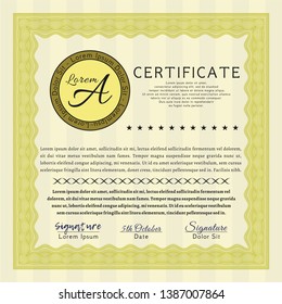 Yellow Diploma or certificate template. Customizable, Easy to edit and change colors. With great quality guilloche pattern. Cordial design. 