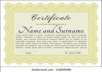 Yellow Diploma or certificate template. Detailed. Printer friendly. Money style design. 