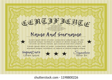 Yellow Diploma or certificate template. Detailed. With guilloche pattern. Nice design. 