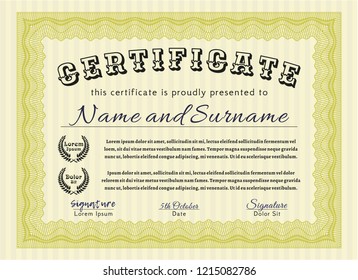 Yellow Diploma or certificate template. Detailed. Complex background. Artistry design. 