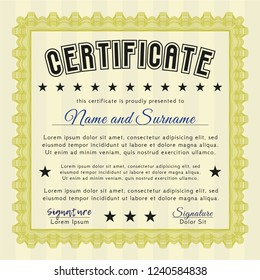 Yellow Diploma or certificate template. Detailed. With linear background. Elegant design. 