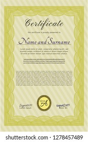 Yellow Diploma or certificate template. Detailed. Printer friendly. Artistry design. 