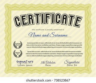 Yellow Diploma or certificate template. Easy to print. Artistry design. Vector illustration. 